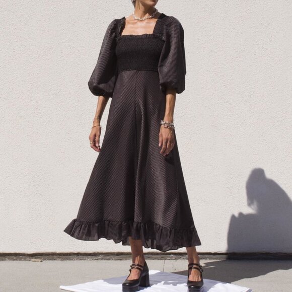 Ganni Seersucker Smocked Peasant Maxi Dress Black Size 38 (US 6) - Picture 1 of 14